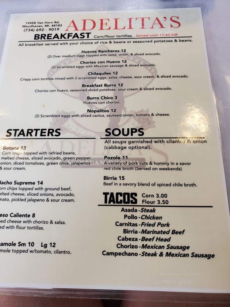 Adelitas Mexican Cocina - Woodhaven, MI menu_pic