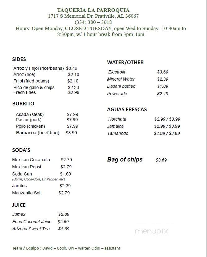 Taqueria La Parroquia - Prattville, AL menu_pic
