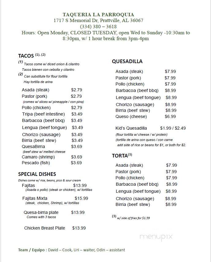 Taqueria La Parroquia - Prattville, AL menu_pic