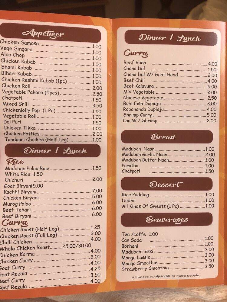 Madhuban Sweets & Restaurant - Brooklyn, NY menu_pic