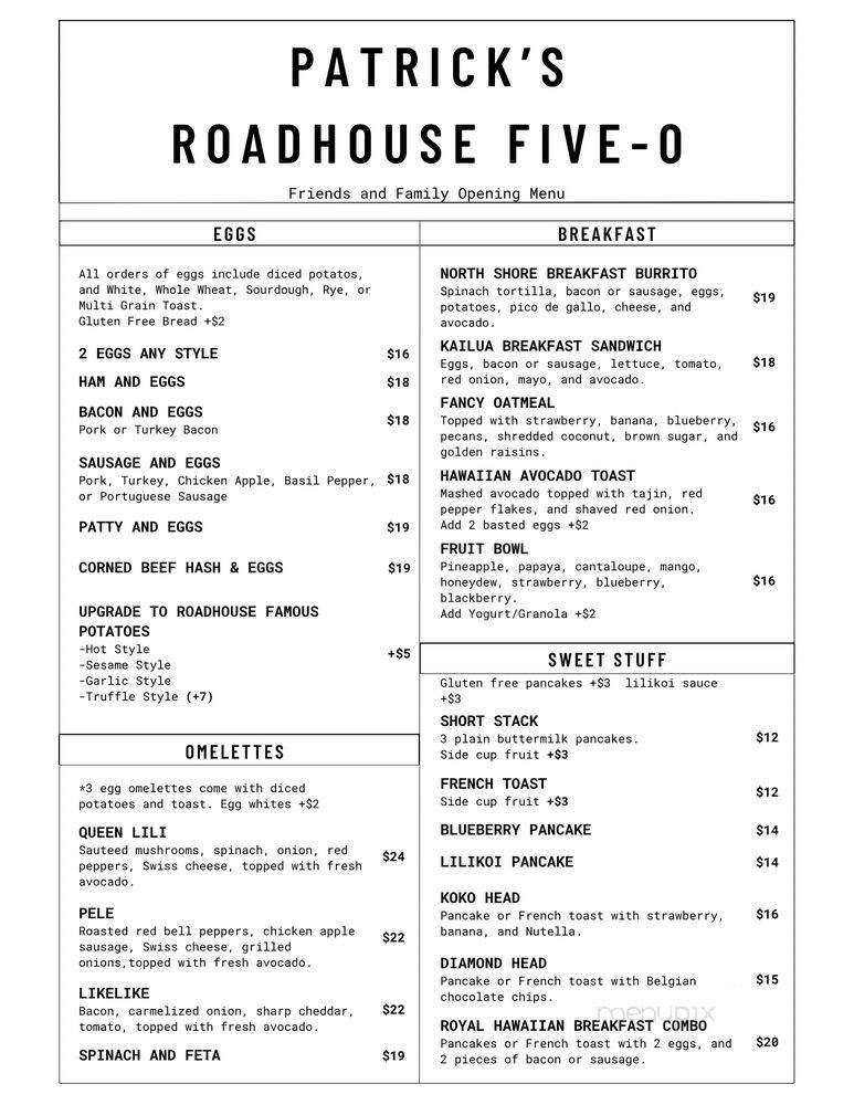 Patrick's Roadhouse Five-0 - Urban Honolulu, HI menu_pic