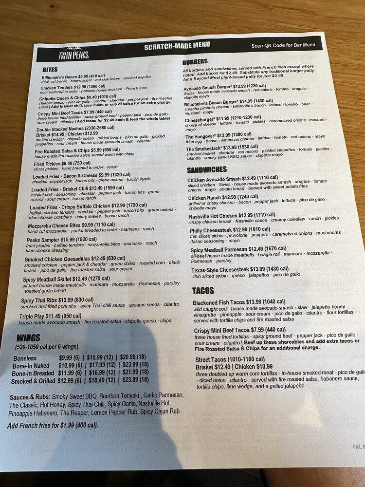 Twin Peaks - Pittsburgh, PA menu_pic