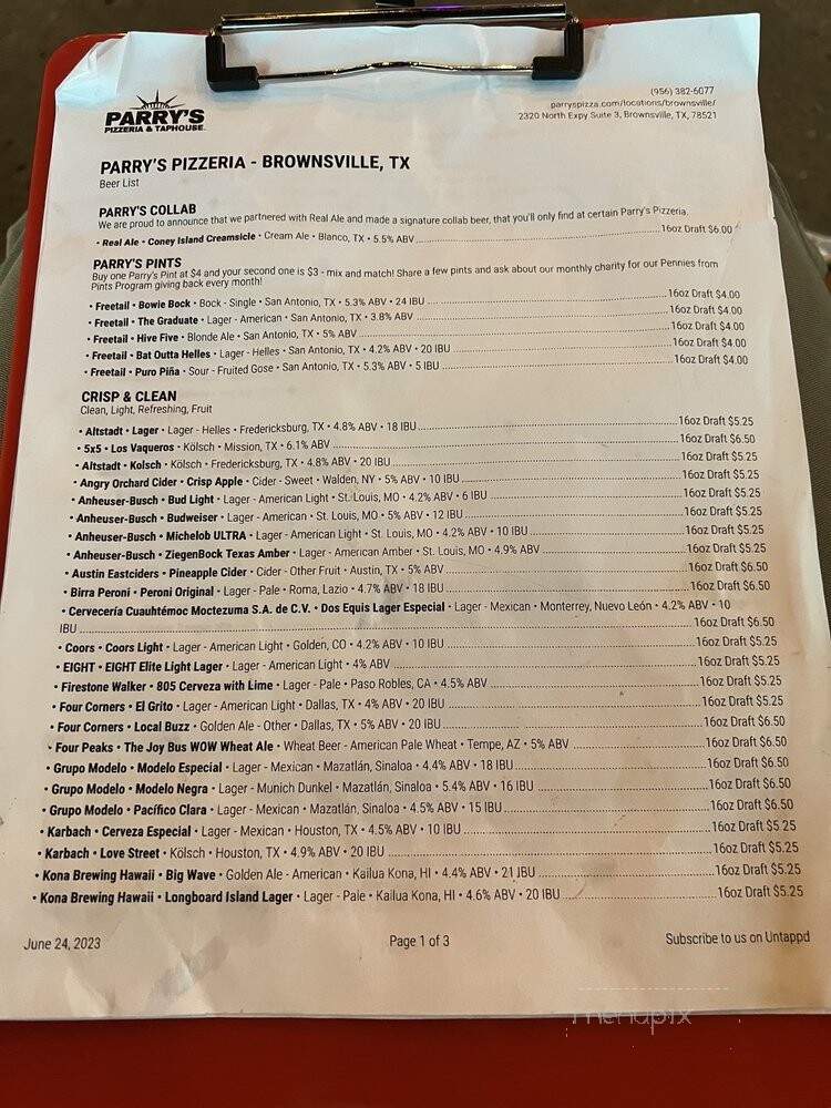 Parry's Pizzeria & Taphouse - Brownsville, TX menu_pic