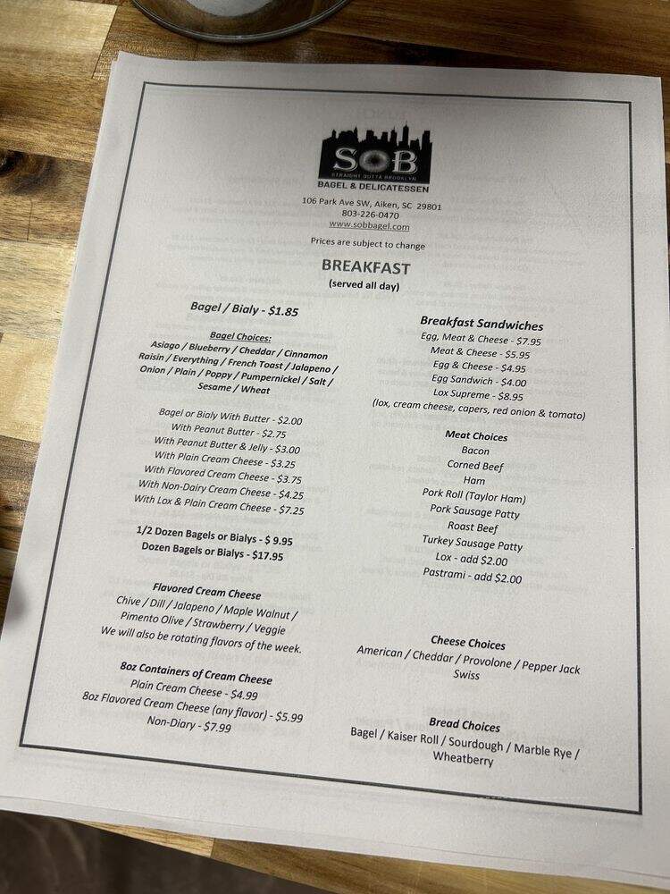 Sob Bagel and Delicatessen - Aiken, SC menu_pic