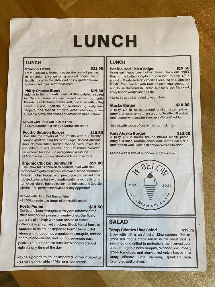 14 Below Ice Cream & Cafe - Sequim, WA menu_pic