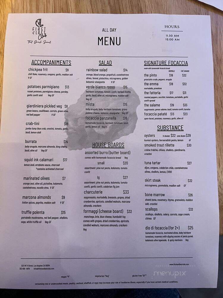 First & Last Club - Los Angeles, CA menu_pic