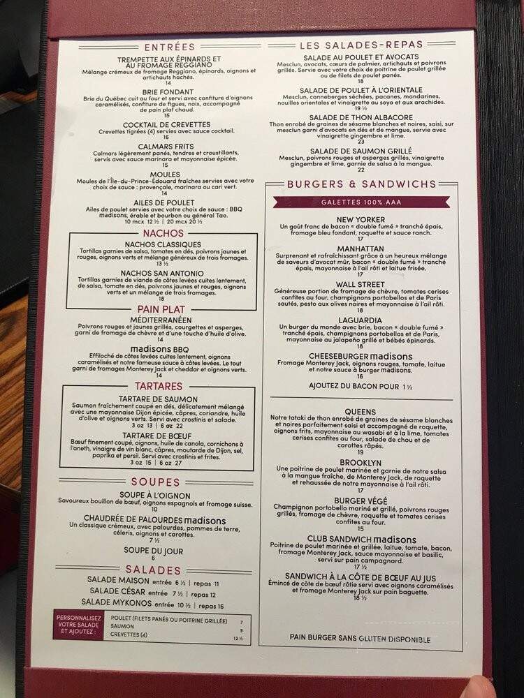 Madisons - Montreal, QC menu_pic