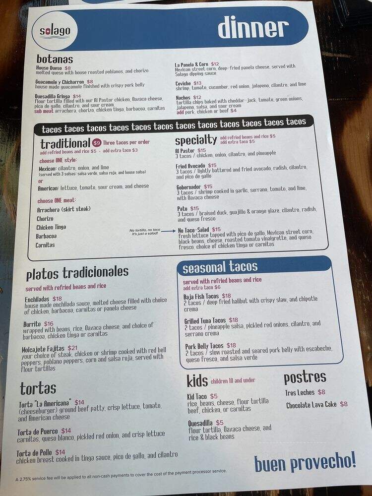 Solago Restaurant & Tequila Bar - Sister Bay, WI menu_pic