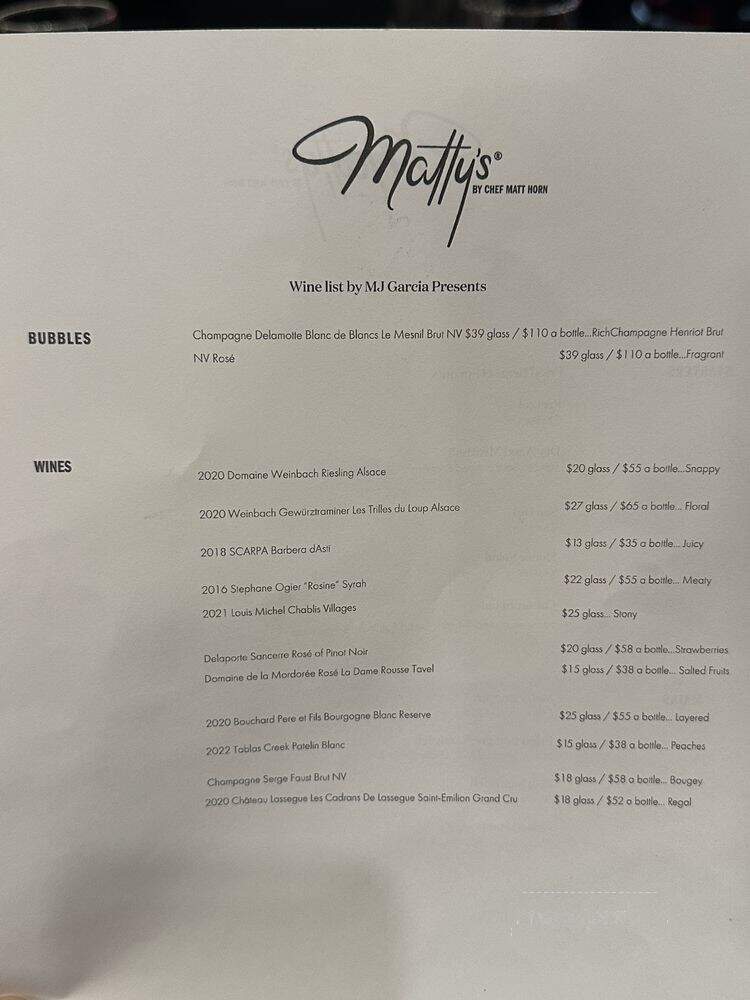 Matty's Old Fashioned - Oakland, CA menu_pic