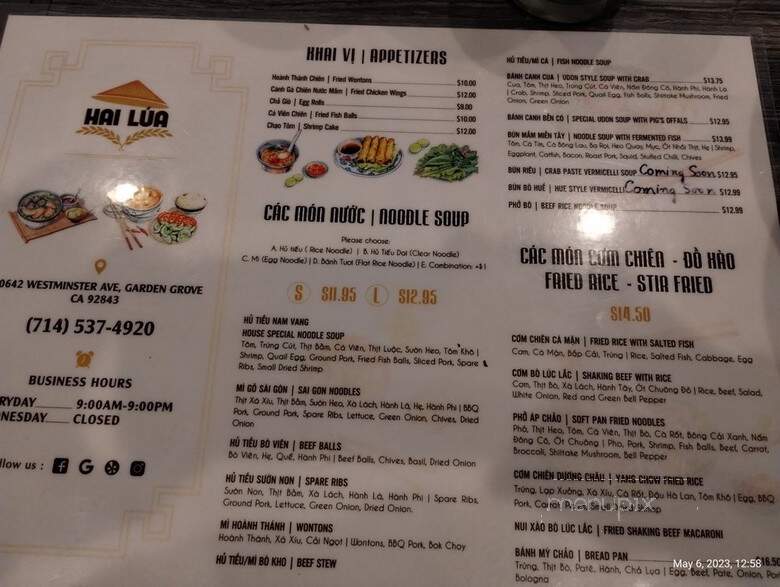 Quan Nha Hai Lua - Garden Grove, CA menu_pic