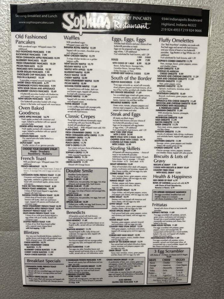 Sophia's House Of Pancakes - Highland, IN menu_pic