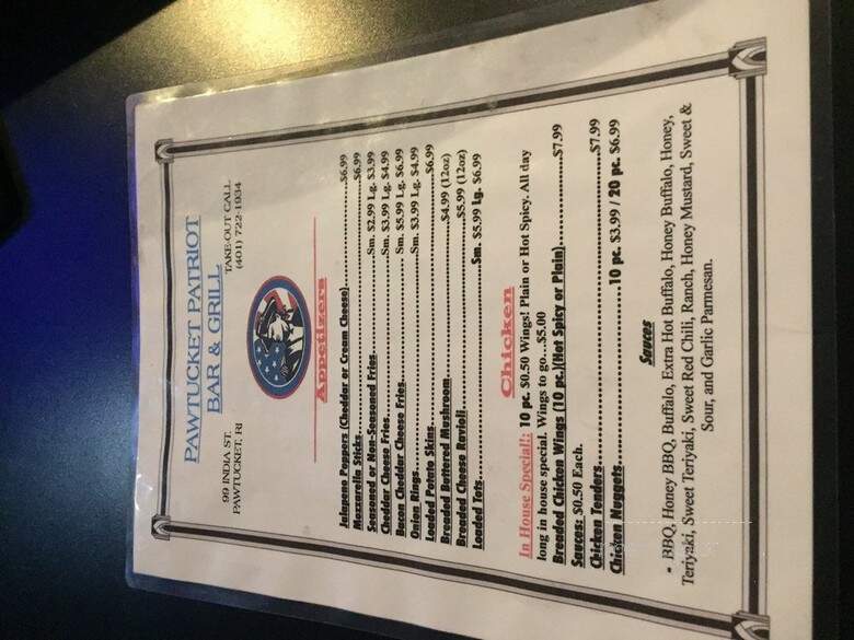 Pawtucket Patriot Bar & Grill - Pawtucket, RI menu_pic