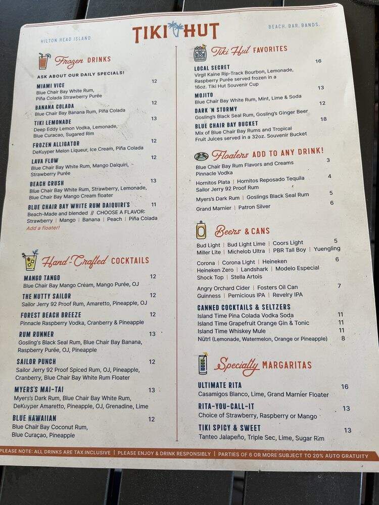 Tiki Hut - Hilton Head Island, SC menu_pic