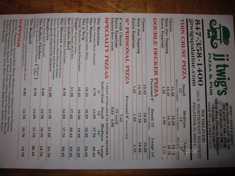 JJ Twig's Pizza and Pub - Palatine, IL menu_pic