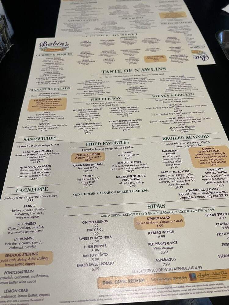 Babin's Seafood House - Shanadoah, TX menu_pic