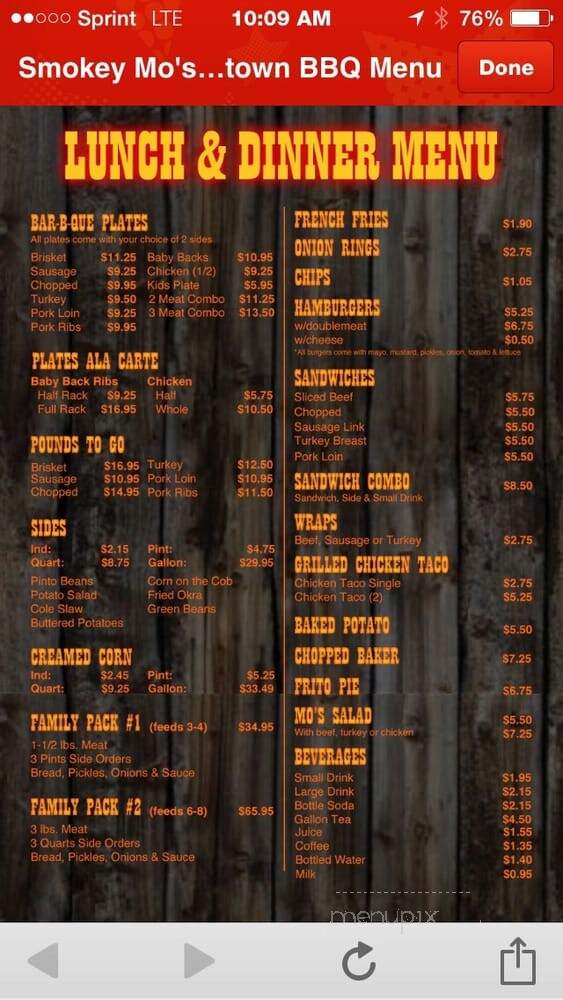 Smokey Mo's Bar-B-Q - Boerne, TX menu_pic