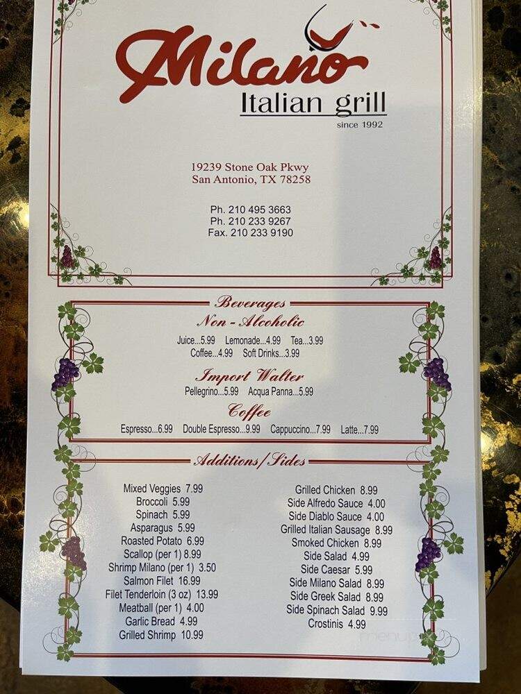 Milano Italian Grill - San Antonio, TX menu_pic