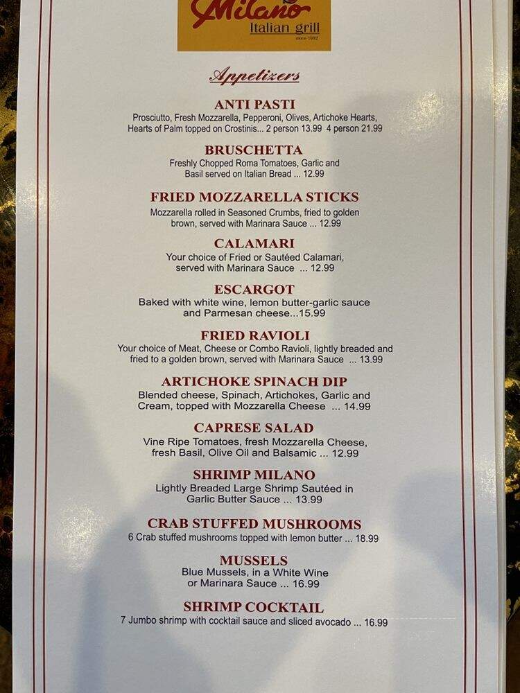 Milano Italian Grill - San Antonio, TX menu_pic