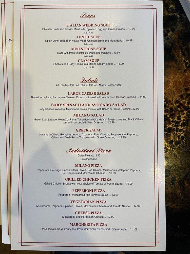 Milano Italian Grill - San Antonio, TX menu_pic