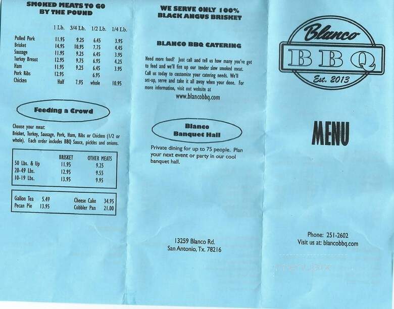 Blanco BBQ - San Antonio, TX menu_pic
