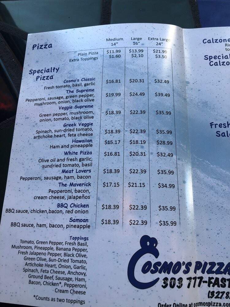 Cosmo's Pizza - Denver, CO menu_pic