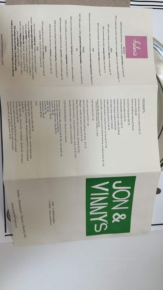 Jon & Vinny's - Los Angeles, CA menu_pic