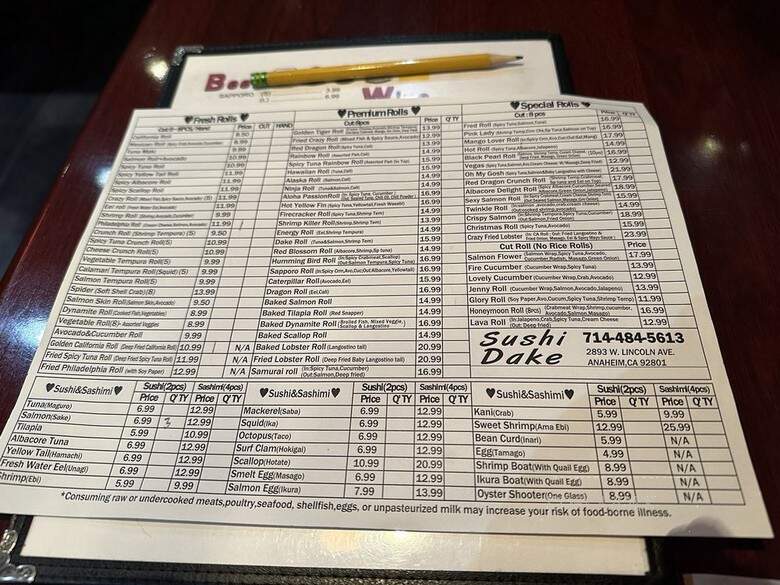 Sushi Dake - Anaheim, CA menu_pic