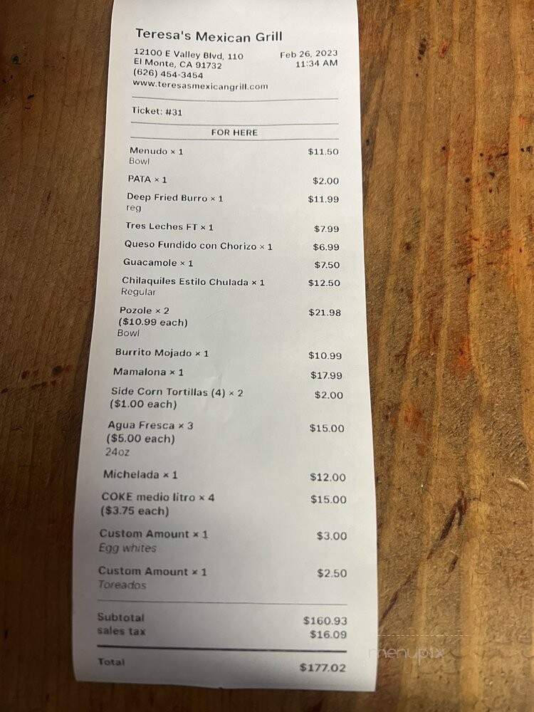 Teresa's Mexican Grill - El Monte, CA menu_pic