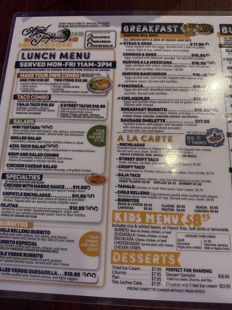 Azul Tequila - Valencia, CA menu_pic