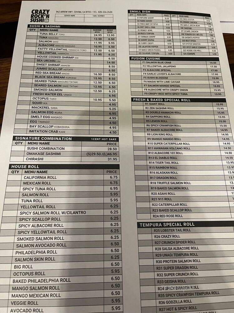 Crazy Rock'N Sushi - Covina, CA menu_pic