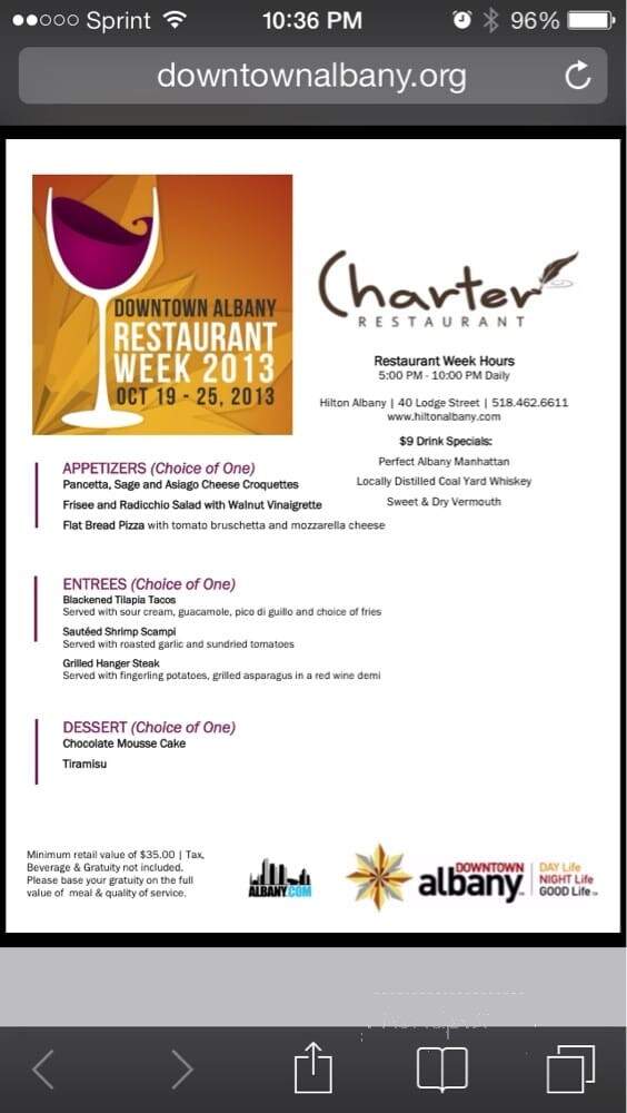 Charter Restaurant - Albany, NY menu_pic