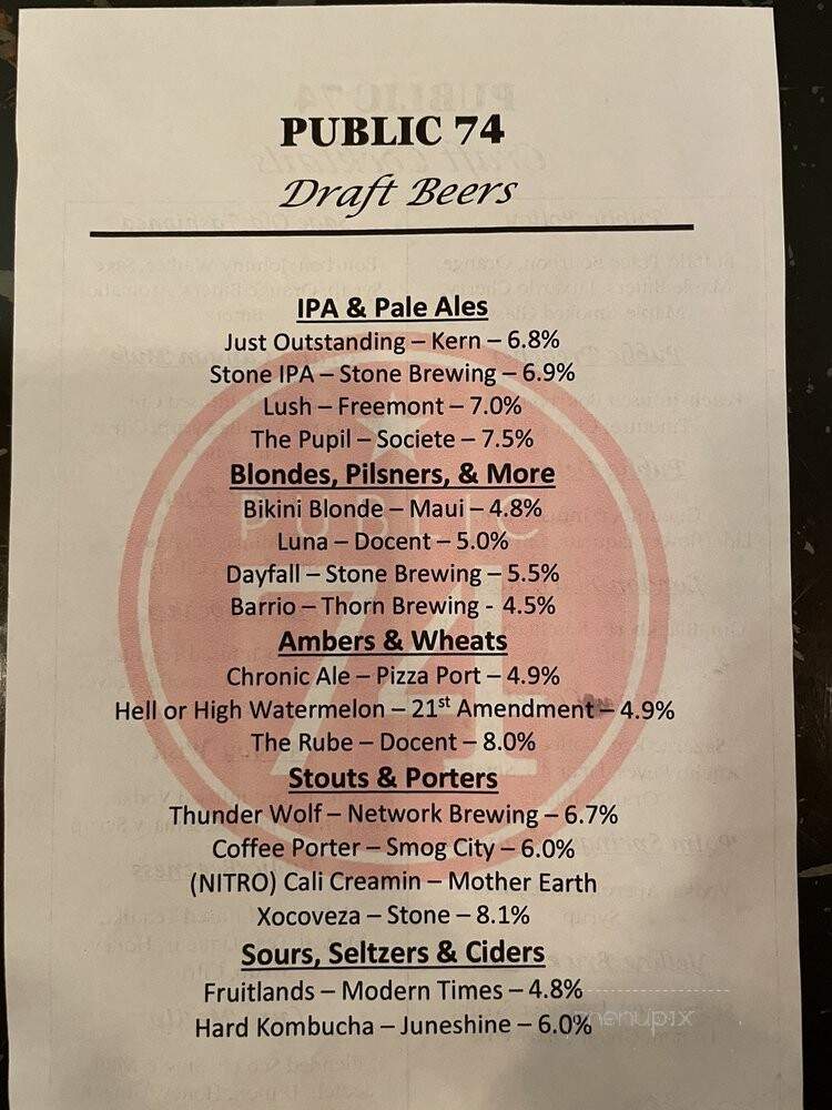 Public 74 - San Juan Capistrano, CA menu_pic