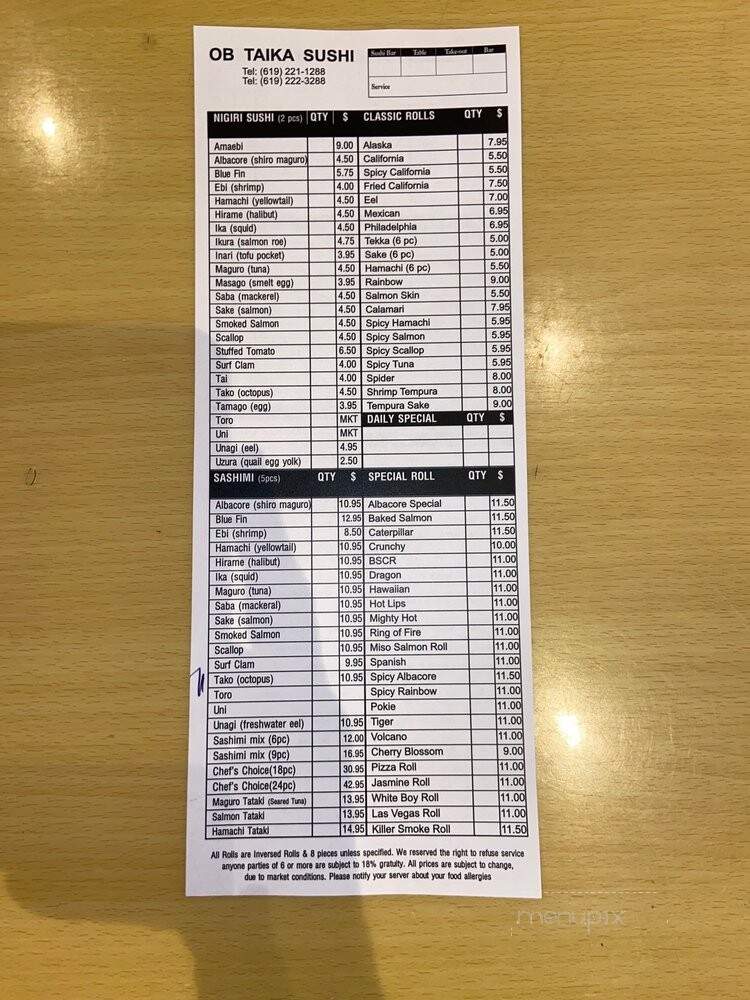 Taika Sushi - San Diego, CA menu_pic
