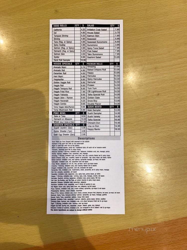 Taika Sushi - San Diego, CA menu_pic