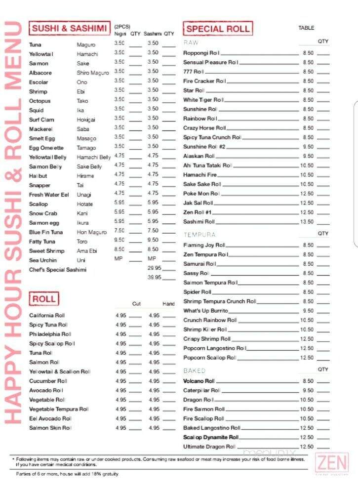 Zen Sushi - Lake Forest, CA menu_pic