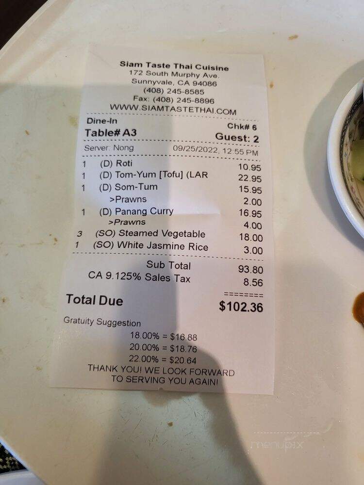 Siam Taste - Sunnyvale, CA menu_pic