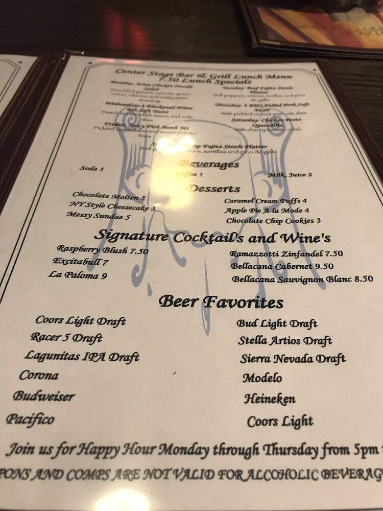 Center Stage Bar and Grill - Geyserville, CA menu_pic