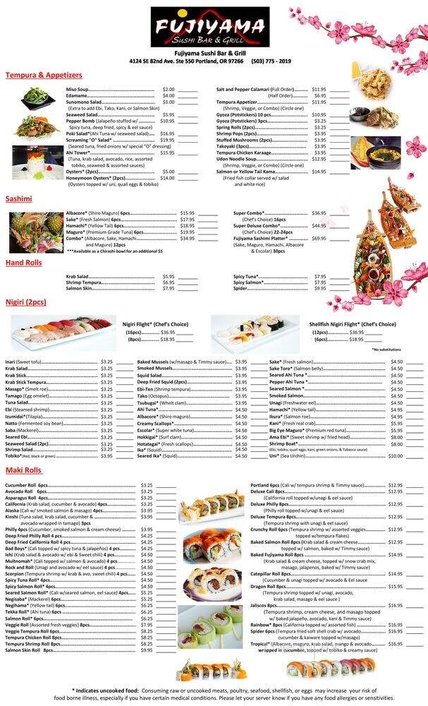 Fujiyama Sushi Bar & Grill - Portland, OR menu_pic