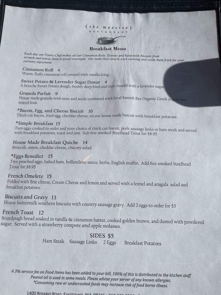 The Mansion Restaurant - Eastsound, WA menu_pic