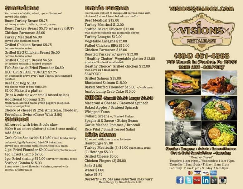 Visions Restaurant - Yeadon, PA menu_pic