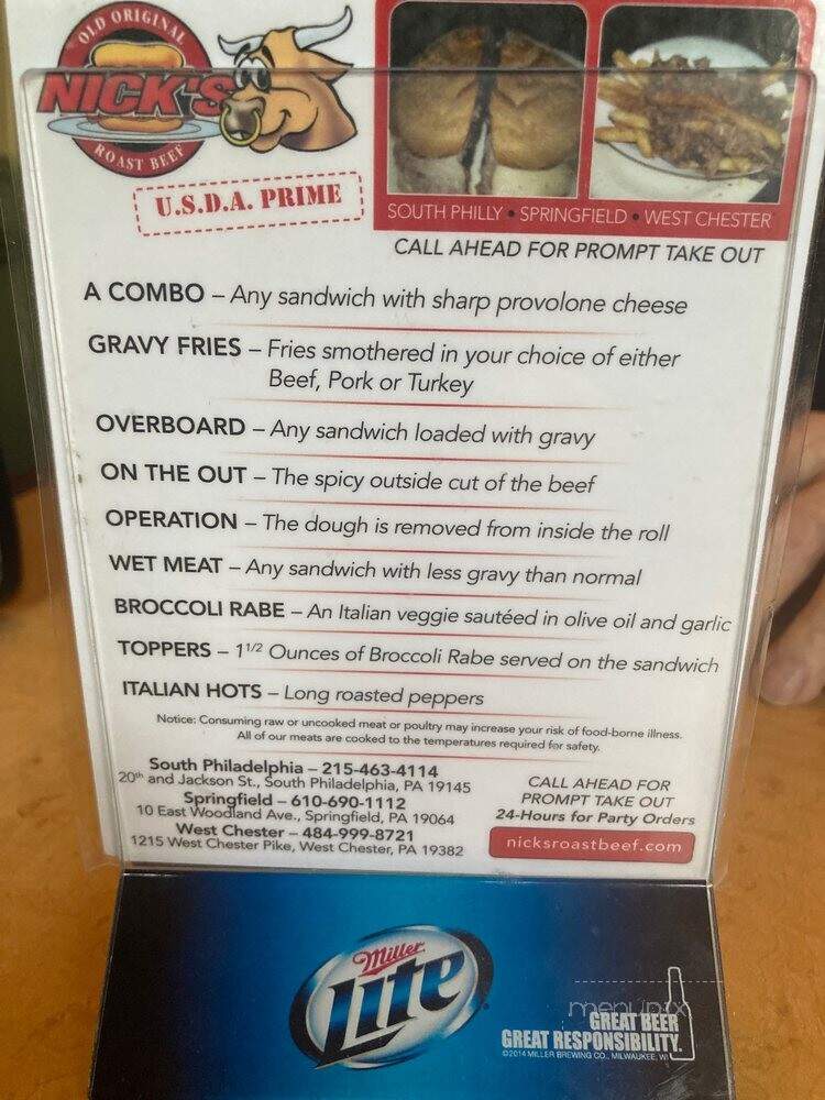 Old Original Nicks Roast Beef - West Chester, PA menu_pic
