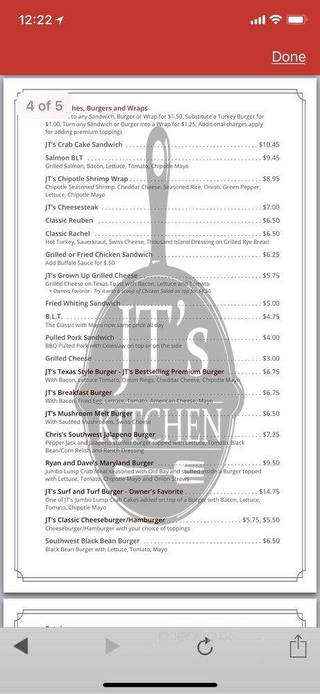 JT's Kitchen - Sunderland, MD menu_pic