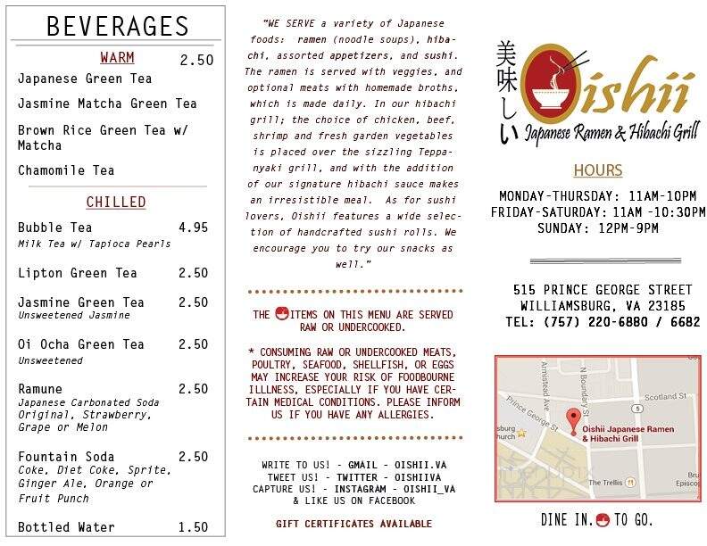 Oishii Japanese Ramen & Hibachi Grill - Williamsburg, VA menu_pic