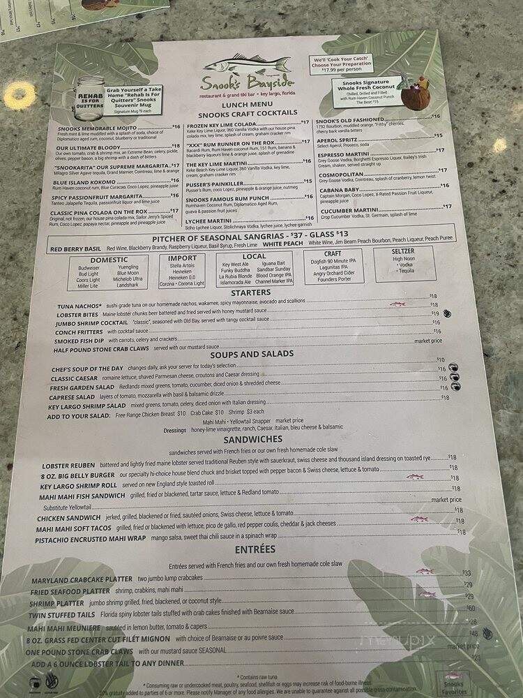 Snook's Bayside Restaurant - Key Largo, FL menu_pic