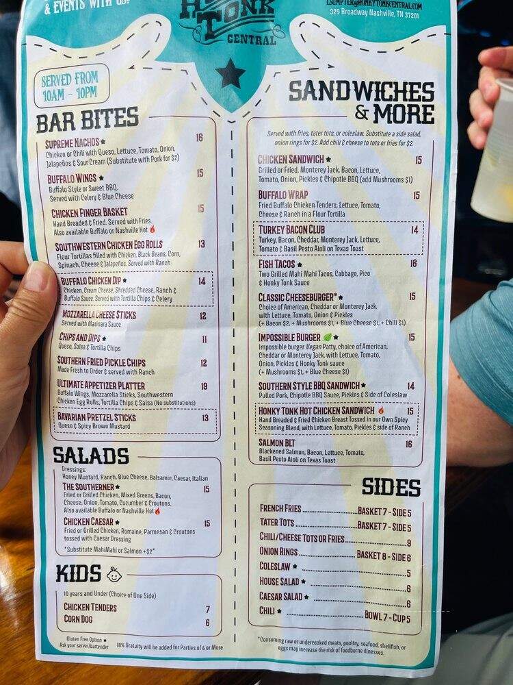Honky Tonk Central - Nashville, TN menu_pic