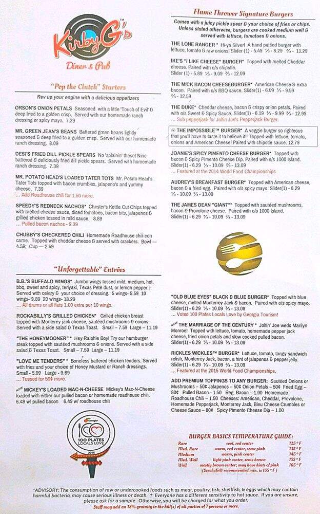 KirbyG's Diner & Pub - McDonough, GA menu_pic