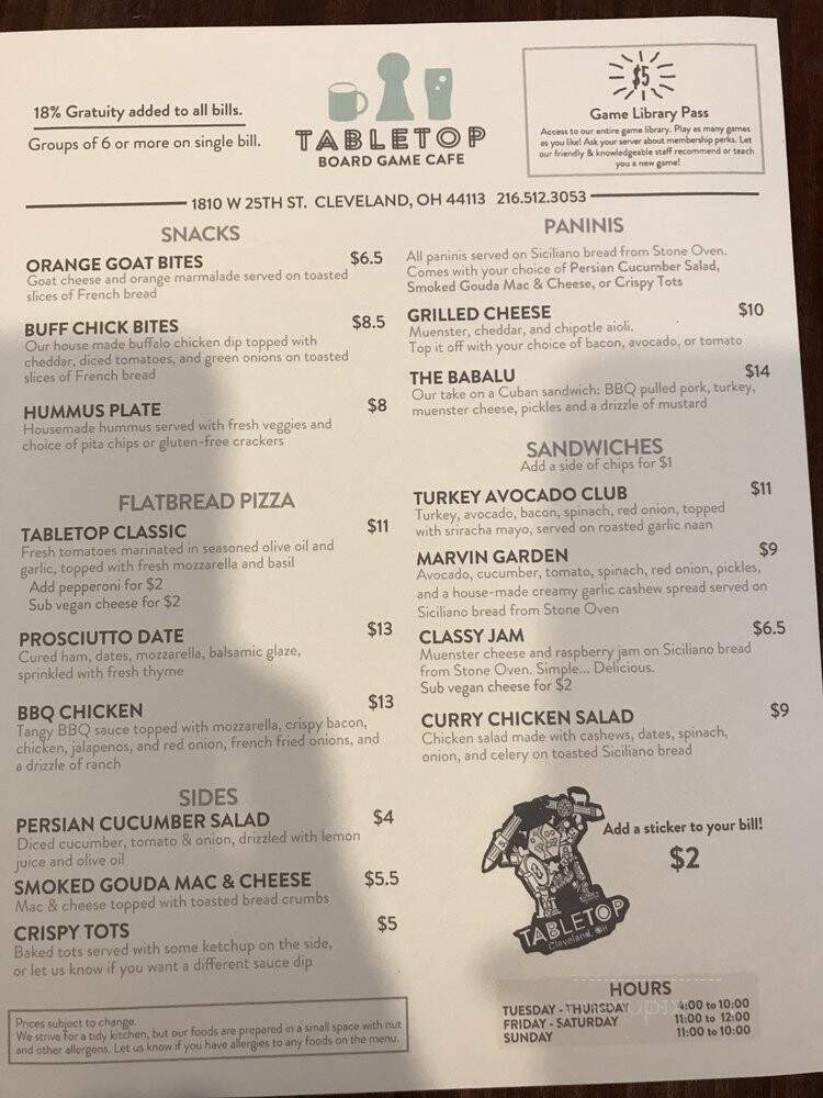 Tabletop Board Game Cafe - Cleveland, OH menu_pic