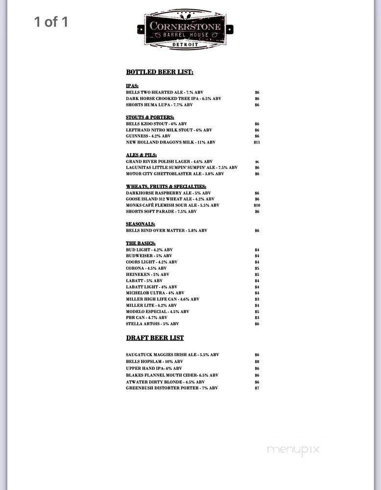 Cornerstone Barrell House - Detroit, MI menu_pic