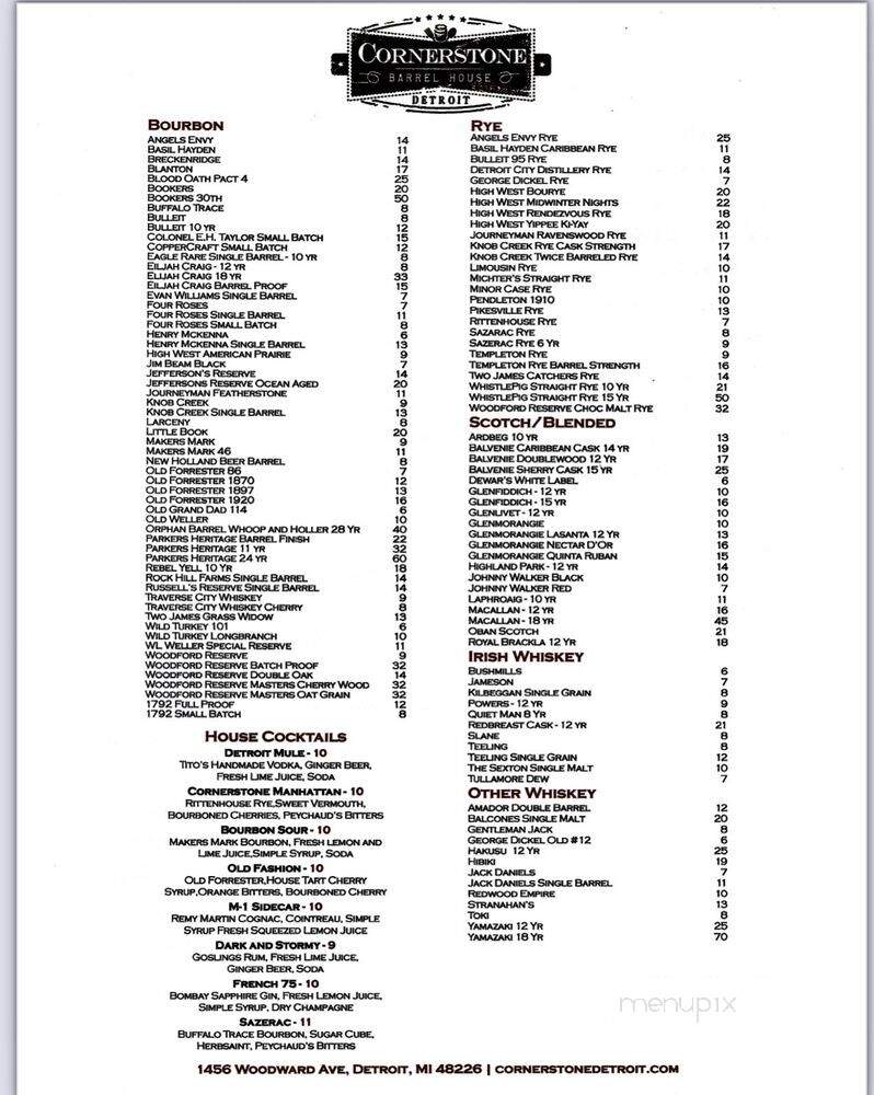 Cornerstone Barrell House - Detroit, MI menu_pic