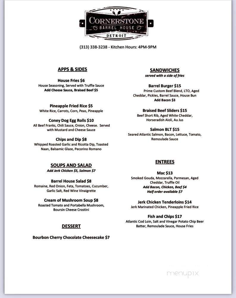 Cornerstone Barrell House - Detroit, MI menu_pic